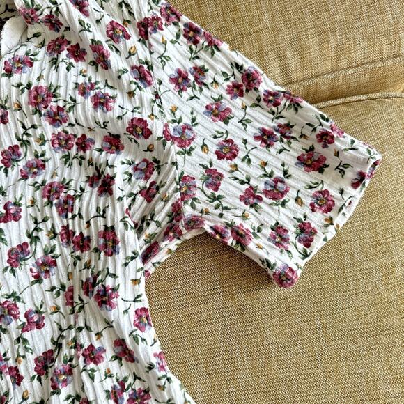 Vintage Blouse Top White Floral Pearl Gold Button Cotton Cottage V Neck Ribbed M - Picture 5 of 8